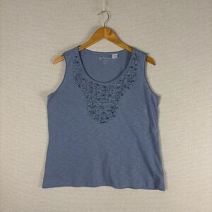 Chicos Top Womens 1/M Blue Slub Cotton Sleeveless Tank Beaded Coastal Preppy
